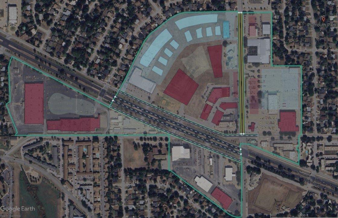 Original concept for the Plymouth Park area in Irving, modeled in World Sim over an aerial (imagery © Google)