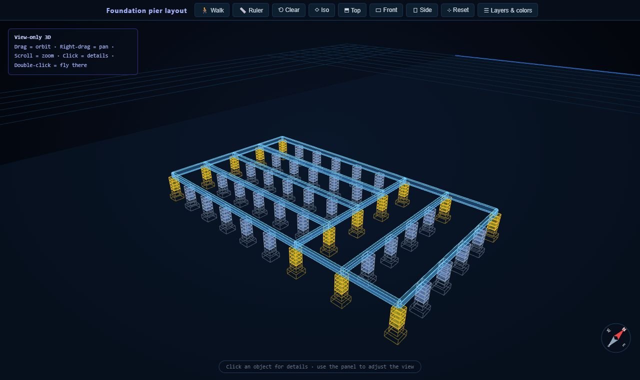 3D model of a pier and beam foundation layout on a residential lot