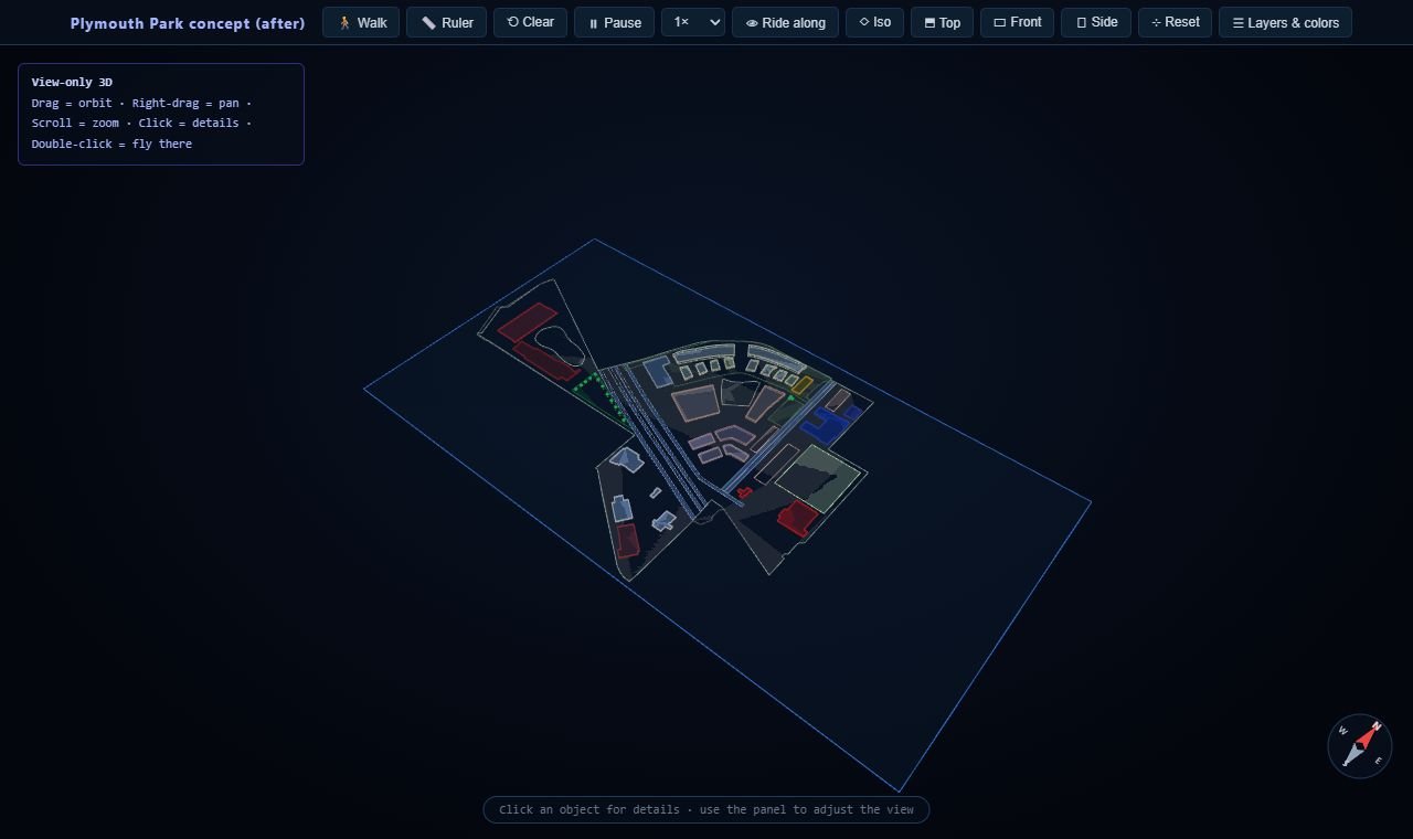 Preview of the interactive 3D model of the original Plymouth Park concept.