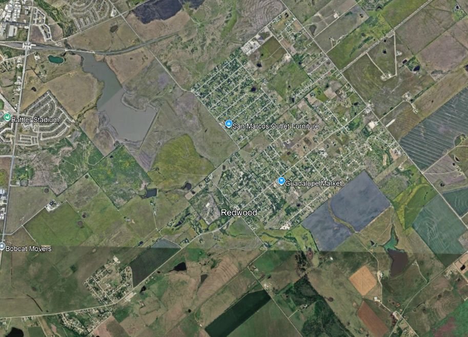 Aerial view of the Redwood and Rancho Vista neighborhoods with surrounding farmland east of San Marcos.