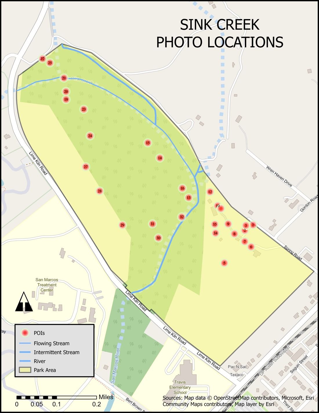 Map of the Sink Creek property with the 35 photo locations marked.