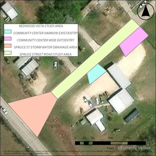 GIS study-area map over an aerial: the Spruce Street road study area, the storm water drainage area and the community center entrances.